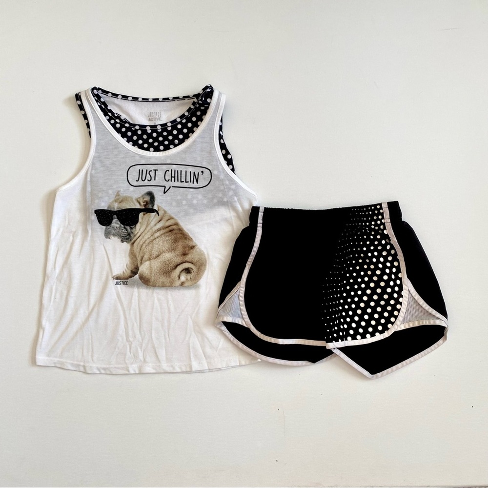 Justice Active Girl’s Bulldog 2fer Tank Sports Bra & Shorts Set Size 8 Polka Dot